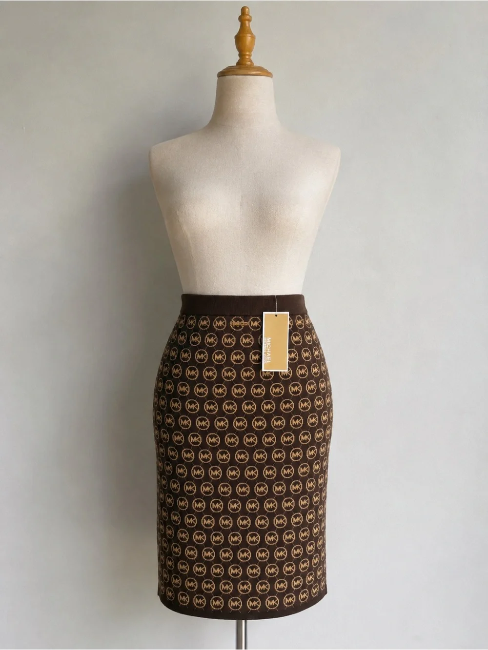 Michael Kors Brown and Gold Logo Pencil Skirt